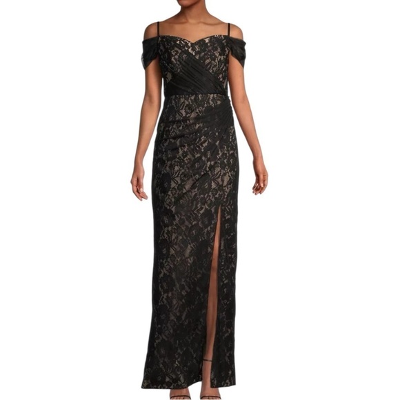 NWT Aidan Mattox  Black Nude Lace Off-The-Shoulder Gown Size 8 - Picture 1 of 7